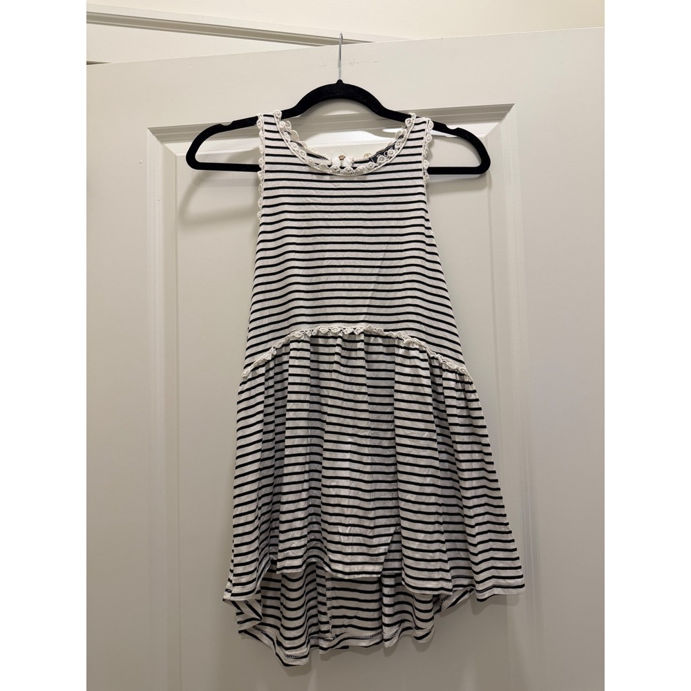 POL Women Black White Striped Sleeveless Crochet Lace Trim Babydoll Top Small